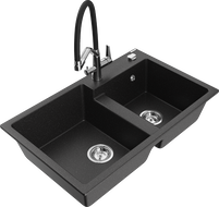 Mexen Tomas Granitspüle 2-Becken mit Küchenarmatur Duo, schwarz/silber metallic - 6516-73-671701-07
