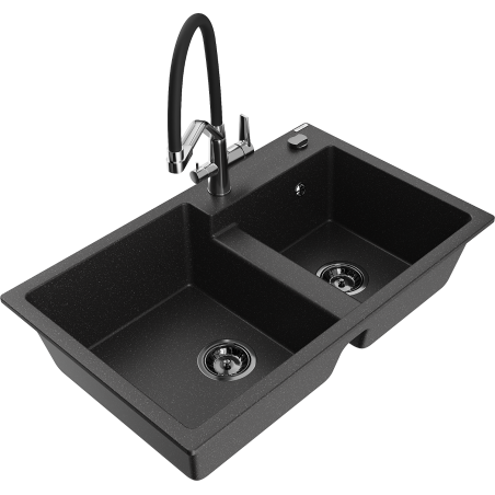 Mexen Tomas Granitspüle 2-Kammer mit Küchenarmatur Duo, schwarz/silber metallisch - 6516-73-671701-07-B