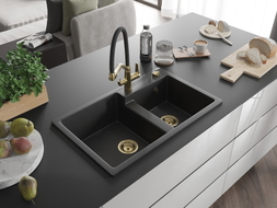 Mexen Tomas Granitspüle 2-Kammer mit Küchenarmatur Duo, schwarz/silber metallic - 6516-73-671701-57-G