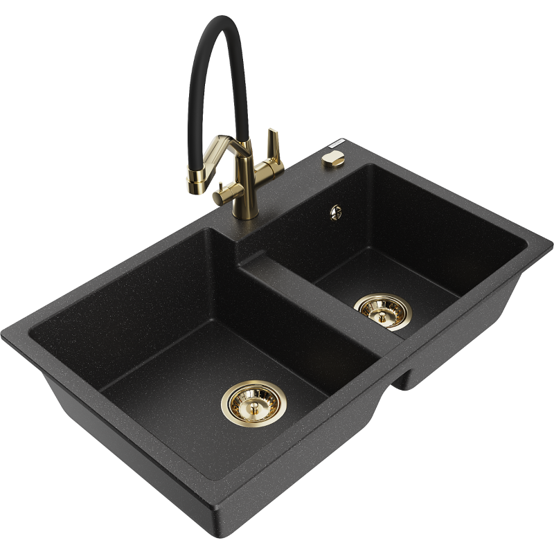 Mexen Tomas Granitspüle 2-Kammer mit Küchenarmatur Duo, schwarz/silber metallic - 6516-73-671701-57-G