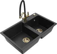 Mexen Tomas Granitspüle 2-Kammer mit Küchenarmatur Duo, schwarz/silber metallic - 6516-73-671701-57-G