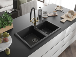 Mexen Tomas Granitspüle 2-Kammer mit Küchenarmatur Duo, schwarz/silber metallic - 6516-73-671701-57-B