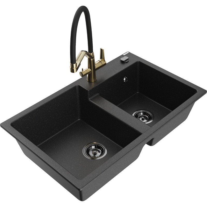 Mexen Tomas Granit-Doppelspülbecken mit Küchenarmatur Duo, schwarz/silber metallic - 6516-73-671701-57-B
