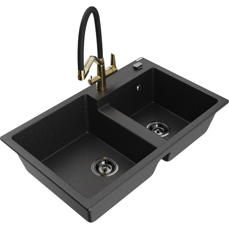 Mexen Tomas Granitspüle 2-Kammer mit Küchenarmatur Duo, schwarz/silber metallic - 6516-73-671701-57-B