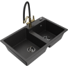 Mexen Tomas Granitspüle 2-Kammer mit Küchenarmatur Duo, schwarz/silber metallic - 6516-73-671701-57-B