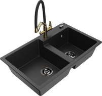Mexen Tomas Granitspüle 2-Kammer mit Küchenarmatur Duo, schwarz/silber metallic - 6516-73-671701-57-B