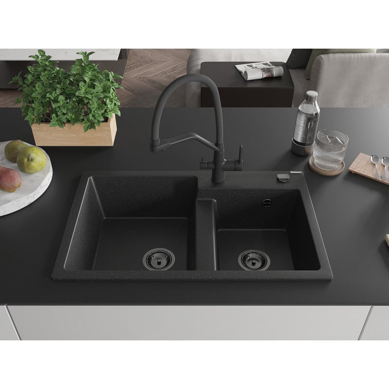 Mexen Tomas Granitspüle 2-Kammer mit Küchenarmatur Duo, schwarz/silber metallic - 6516-73-671701-70-B