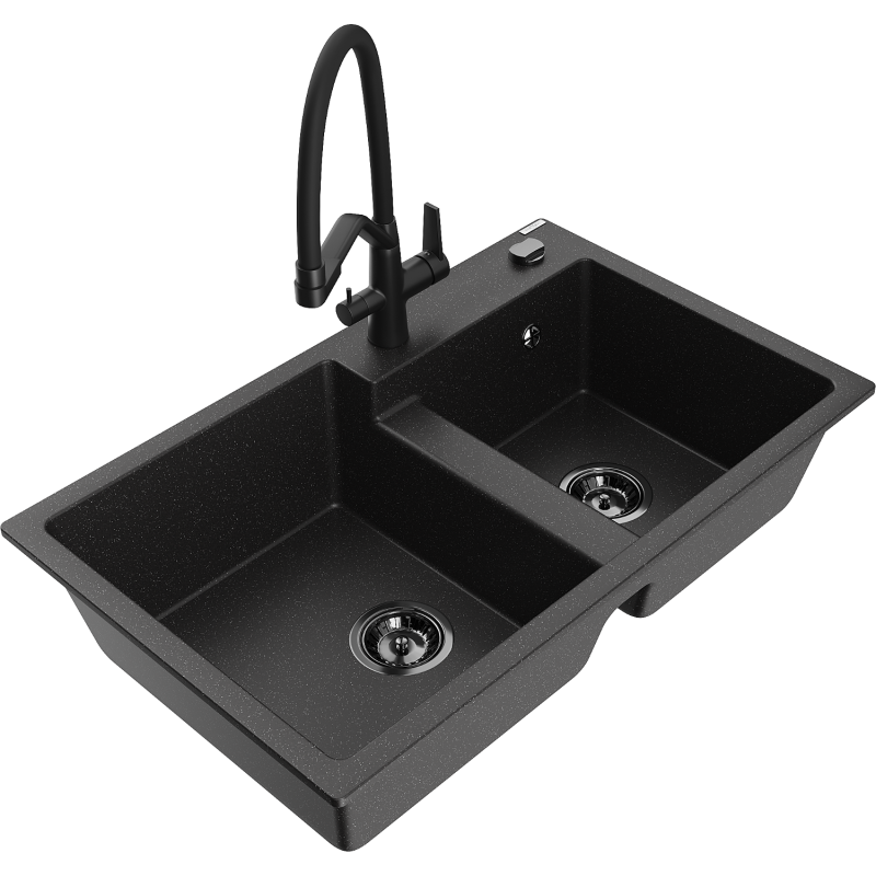 Mexen Tomas Granitspüle 2-Kammer mit Küchenarmatur Duo, schwarz/silber metallic - 6516-73-671701-70-B