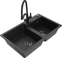 Mexen Tomas Granitspüle 2-Kammer mit Küchenarmatur Duo, schwarz/silber metallic - 6516-73-671701-70-B
