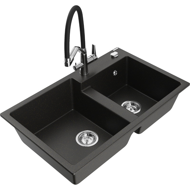Mexen Tomas 2-Kammer Granitspüle mit Küchenarmatur Duo, schwarz/gold metallic - 6516-75-671701-07
