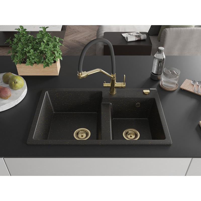 Mexen Tomas Granitspüle 2-Becken mit Küchenarmatur Duo, Schwarz/Gold Metallic - 6516-75-671701-57-G