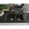 Mexen Tomas Granitspüle 2-Becken mit Küchenarmatur Duo, Schwarz/Gold Metallic - 6516-75-671701-57-G