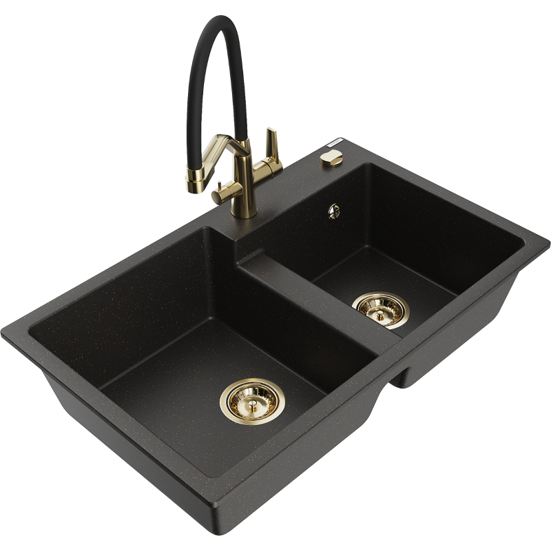 Mexen Tomas Granitspüle 2-Becken mit Küchenarmatur Duo, Schwarz/Gold Metallic - 6516-75-671701-57-G