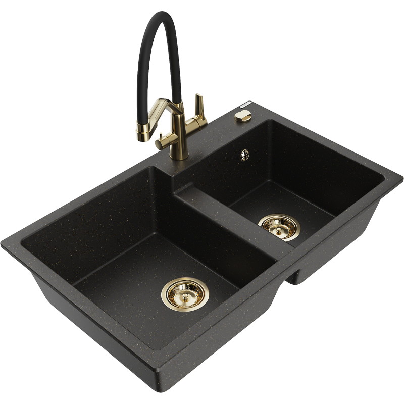 Mexen Tomas Granitspüle 2-Kammern mit Küchenarmatur Duo, schwarz/gold Metallic - 6516-75-671701-57-G