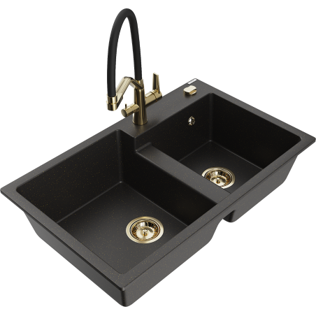 Mexen Tomas Granitspüle 2-Becken mit Küchenarmatur Duo, Schwarz/Gold Metallic - 6516-75-671701-57-G