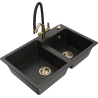Mexen Tomas Granitspüle 2-Becken mit Küchenarmatur Duo, Schwarz/Gold Metallic - 6516-75-671701-57-G