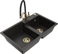 Mexen Tomas Granitspüle 2-Becken mit Küchenarmatur Duo, Schwarz/Gold Metallic - 6516-75-671701-57-G