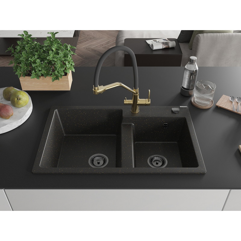 Mexen Tomas granit spülbecken 2-kammer mit küchenarmatur Duo, schwarz/gold metallic - 6516-75-671701-57-B