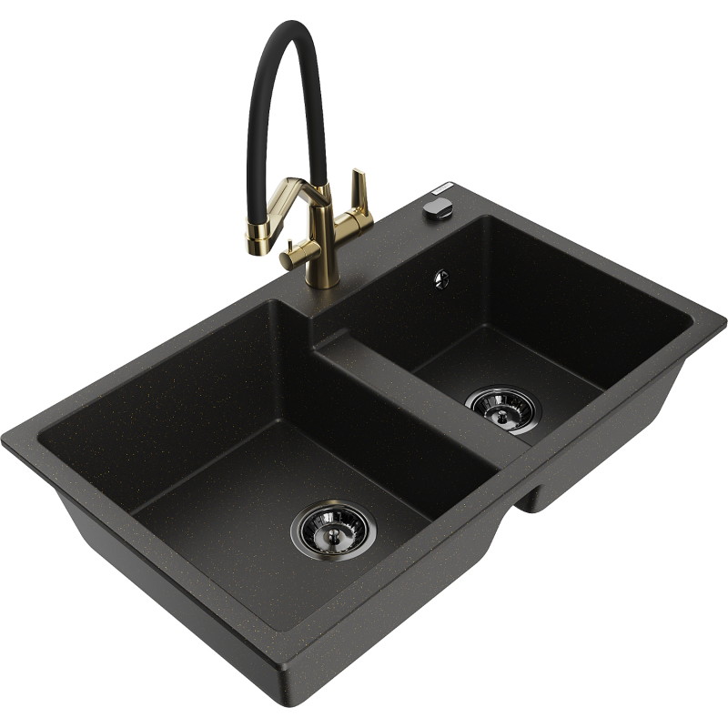 Mexen Tomas Granitspüle 2-Kammer mit Küchenarmatur Duo, schwarz/goldenes Metallic - 6516-75-671701-57-B