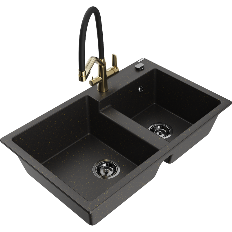 Mexen Tomas Granitspüle 2-Kammern mit Küchenarmatur Duo, schwarz/gold metallic - 6516-75-671701-57-B