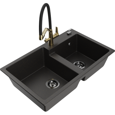Mexen Tomas Granitspüle 2-Kammern mit Küchenarmatur Duo, schwarz/gold metallic - 6516-75-671701-57-B