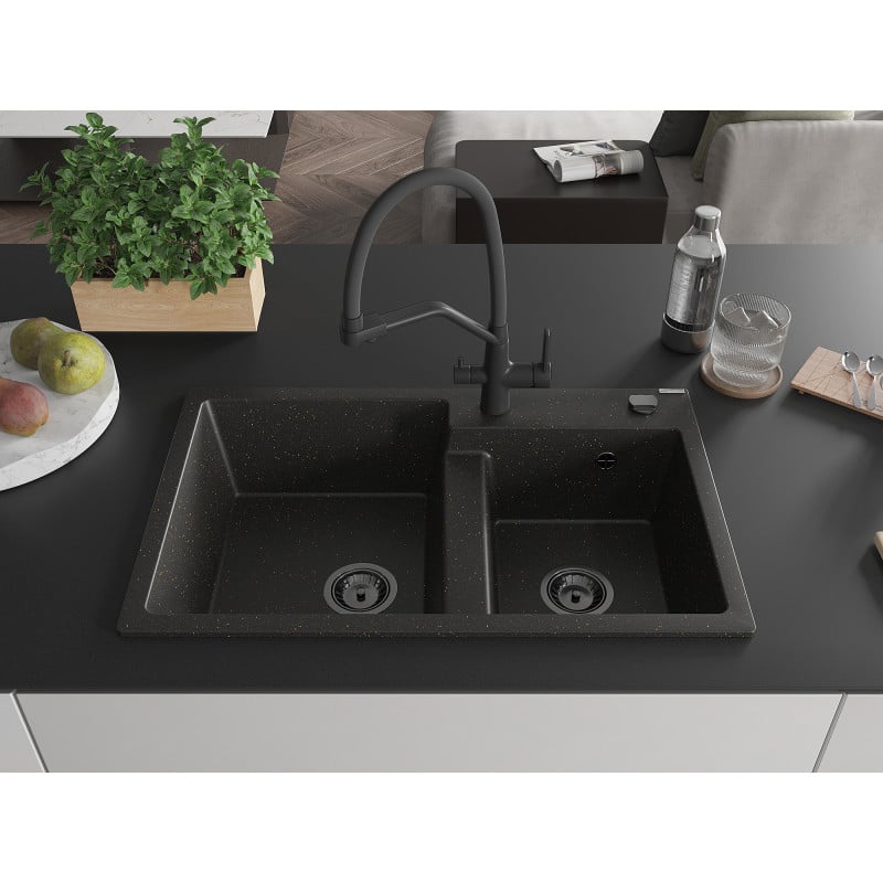 Mexen Tomas Granit-Spüle 2-Kammer mit Küchenarmatur Duo, schwarz/gold-metallic - 6516-75-671701-70-B