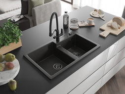 Mexen Tomas Granit-Spüle 2-Kammer mit Küchenarmatur Duo, schwarz/gold-metallic - 6516-75-671701-70-B