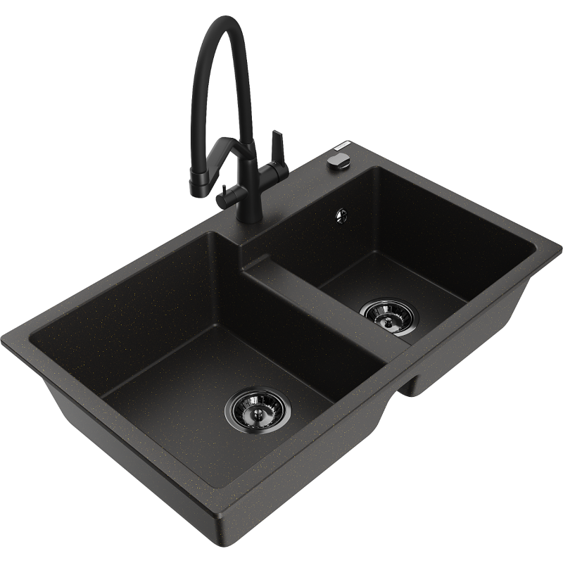 Mexen Tomas Granit-Spüle 2-Kammer mit Küchenarmatur Duo, schwarz/gold-metallic - 6516-75-671701-70-B