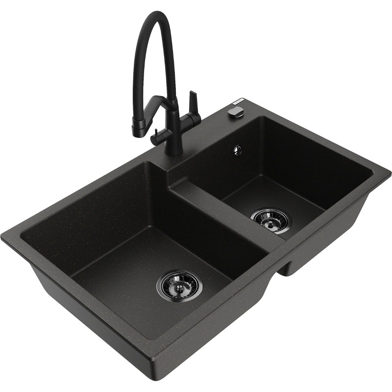 Mexen Tomas Granitspüle 2-Kammer mit Küchenarmatur Duo, schwarz/gold metallic - 6516-75-671701-70-B