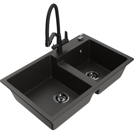 Mexen Tomas Granit-Spüle 2-Kammer mit Küchenarmatur Duo, schwarz/gold-metallic - 6516-75-671701-70-B