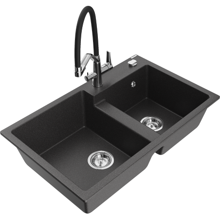 Mexen Tomas 2-Kammer-Graniteinbauspüle mit Küchenarmatur Duo, schwarz gesprenkelt - 6516-76-671701-07