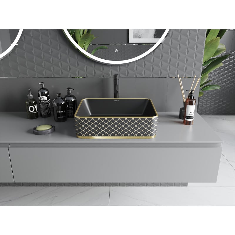 Mexen Catia Aufsatzwaschbecken 48 x 37 cm, schwarz matt/goldenes Karomuster - 21314879