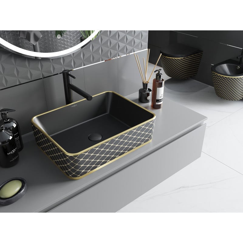 Mexen Catia Aufsatzwaschbecken 48 x 37 cm, schwarz matt/goldenes Karomuster - 21314879