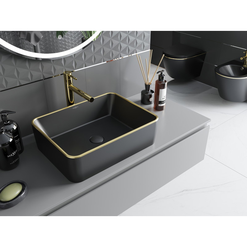 Mexen Catia Aufsatzwaschbecken 48 x 37 cm, schwarz matt/goldener Rand - 21314875