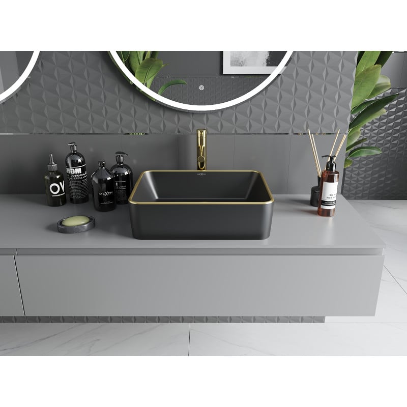 Mexen Catia Aufsatzwaschbecken 48 x 37 cm, schwarz matt/goldener Rand - 21314875