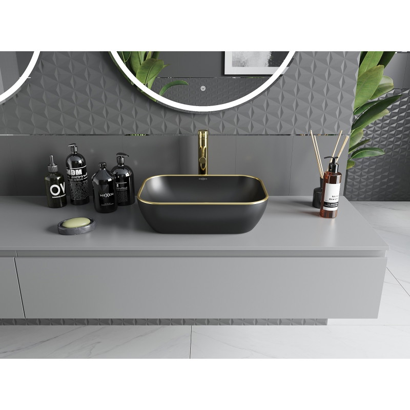 Mexen Rita Aufsatzwaschbecken 45 x 32 cm, schwarz matt/goldener Rand - 21084575