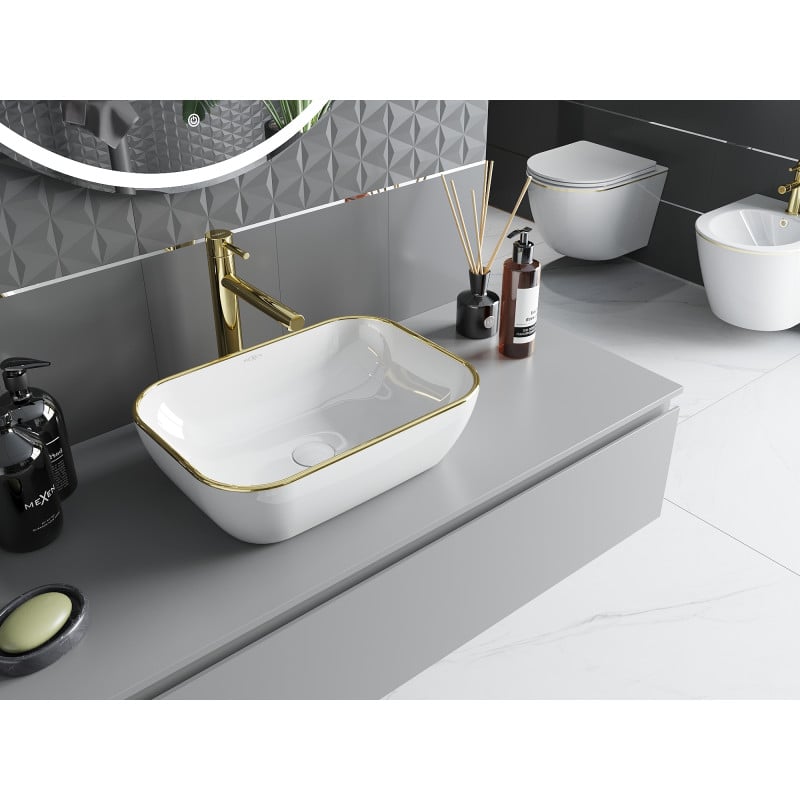 Mexen Rita Aufsatzwaschbecken 45 x 32 cm, weiß/goldener Rand - 21084505