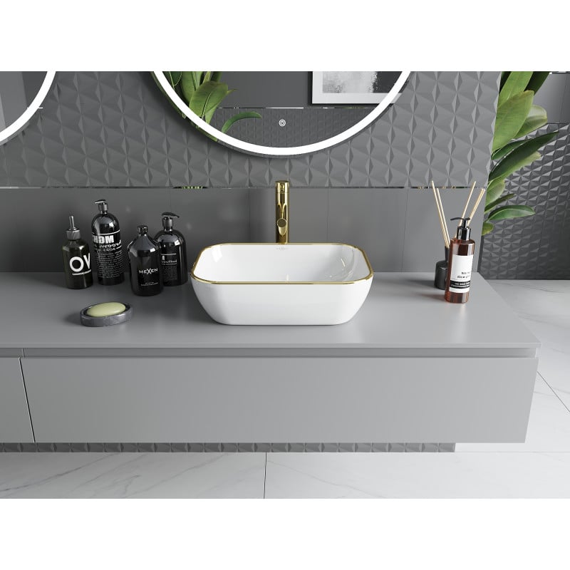 Mexen Rita Aufsatzwaschbecken 45 x 32 cm, weiß/goldener Rand - 21084505