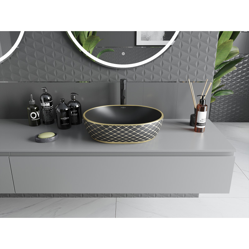 Mexen Viki Aufsatzwaschbecken 48 x 35 cm, schwarz matt/gold, Karomuster - 21054879