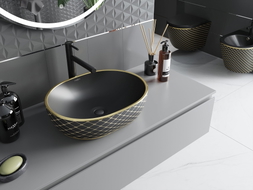 Mexen Viki Aufsatzwaschbecken 48 x 35 cm, schwarz matt/gold, Karomuster - 21054879
