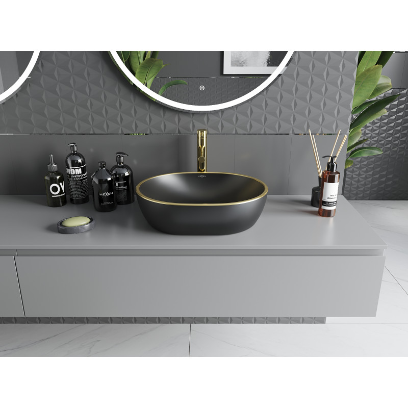 Mexen Viki Aufsatzwaschbecken 48 x 35 cm, schwarz matt/goldener Rand - 21054875