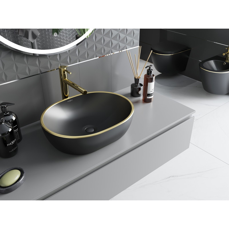 Mexen Viki Aufsatzwaschbecken 48 x 35 cm, schwarz matt/goldener Rand - 21054875