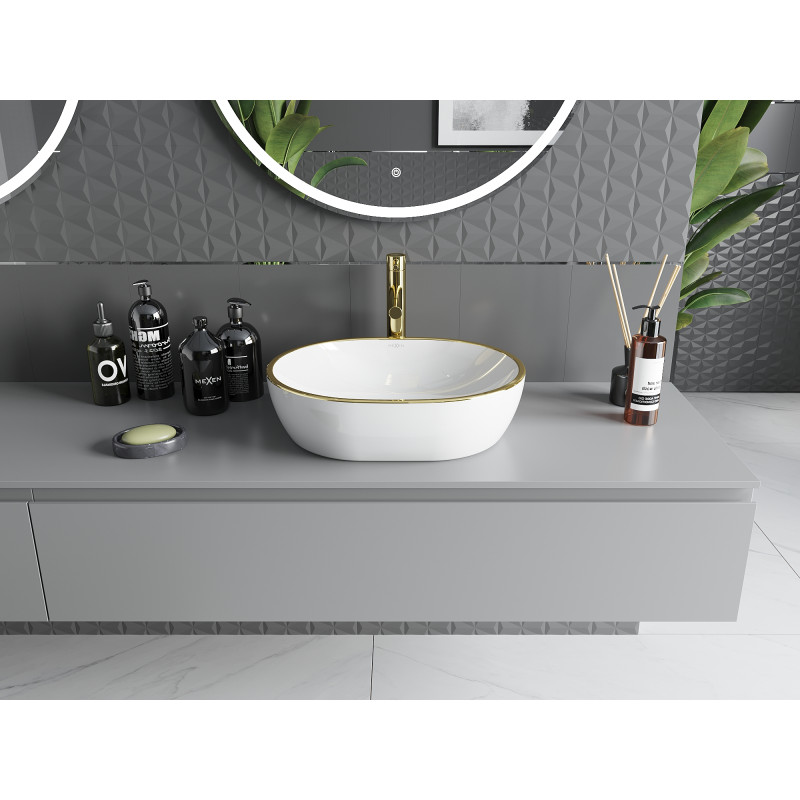 Mexen Viki Aufsatzwaschbecken 48 x 35 cm, weiß/goldener Rand - 21054805