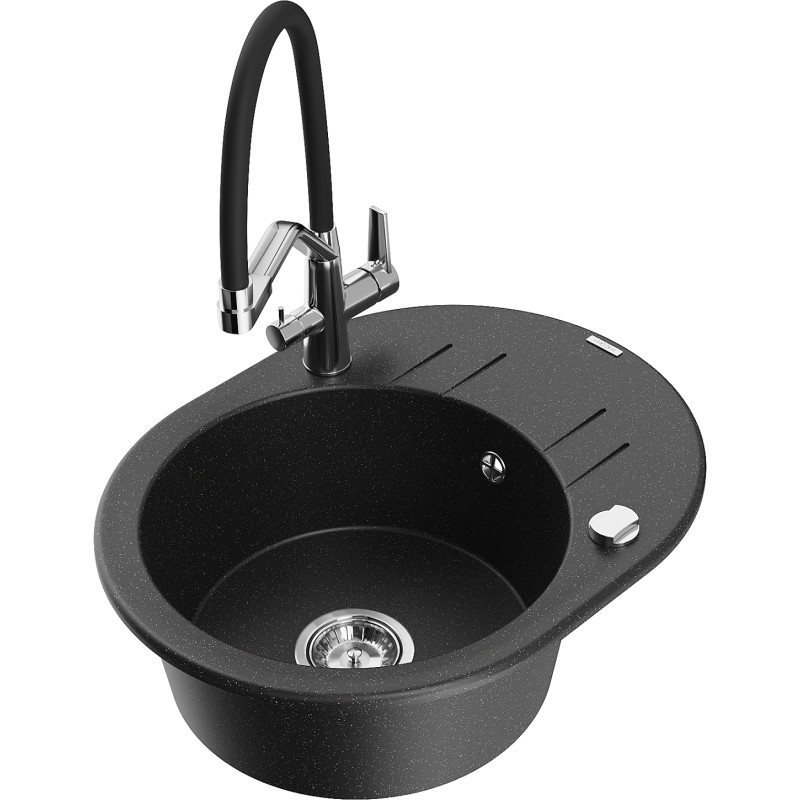 Mexen Kevin Granitspülbecken 1-Becken mit Küchenarmatur Duo, schwarz/silber metallic - 6517-73-671701-07
