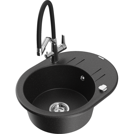 Mexen Kevin Granitspülbecken 1-Becken mit Küchenarmatur Duo, schwarz/silber metallic - 6517-73-671701-07