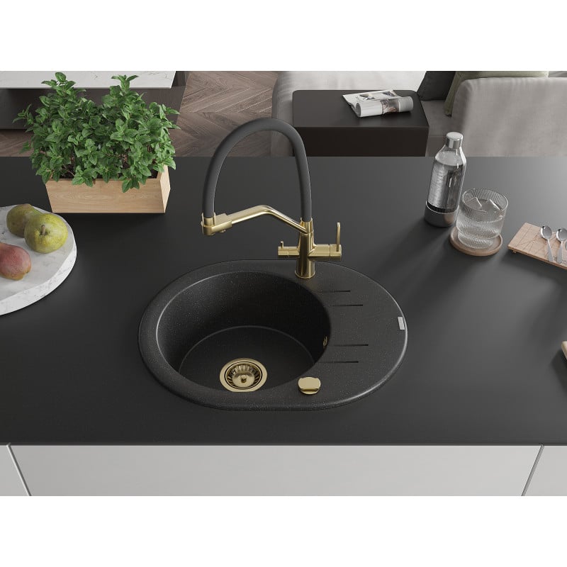 Mexen Kevin Granit-Spüle 1-Becken mit Küchenarmatur Duo, schwarz/silber metallic - 6517-73-671701-57-G