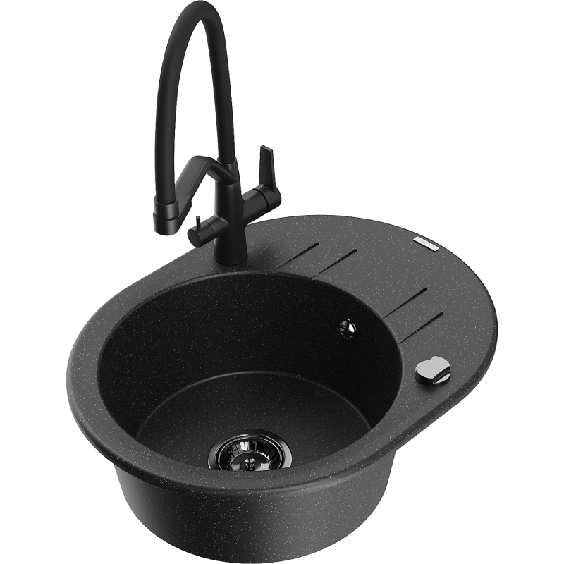 Mexen Kevin 1-Becken Granitspüle mit Küchenarmatur Duo, schwarz/silberner Metallic - 6517-73-671701-70-B