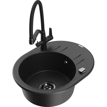 Mexen Kevin 1-Becken Granitspüle mit Küchenarmatur Duo, schwarz/silberner Metallic - 6517-73-671701-70-B