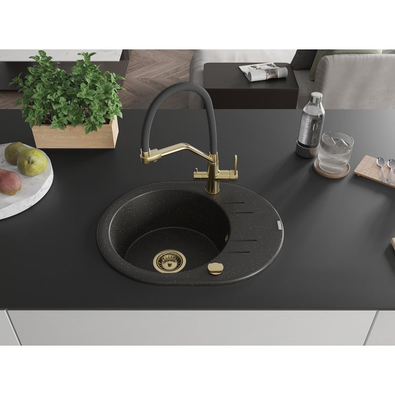 Mexen Kevin Granitspüle 1-beckig mit Küchenarmatur Duo, schwarz/gold metallic - 6517-75-671701-57-G