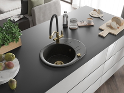 Mexen Kevin Granitspüle 1-beckig mit Küchenarmatur Duo, schwarz/gold metallic - 6517-75-671701-57-G